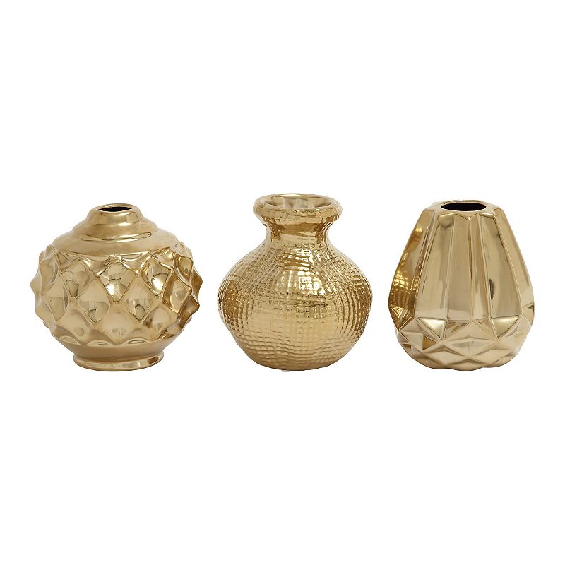 CosmoLiving Glossy Decorative Short Vase Table Decor 3-piece Set, Beig/Gree