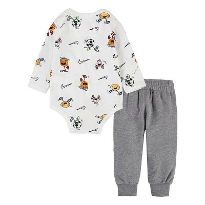 Baby Boy Nike White Allover Print Nikemoji Bodysuit & Gray