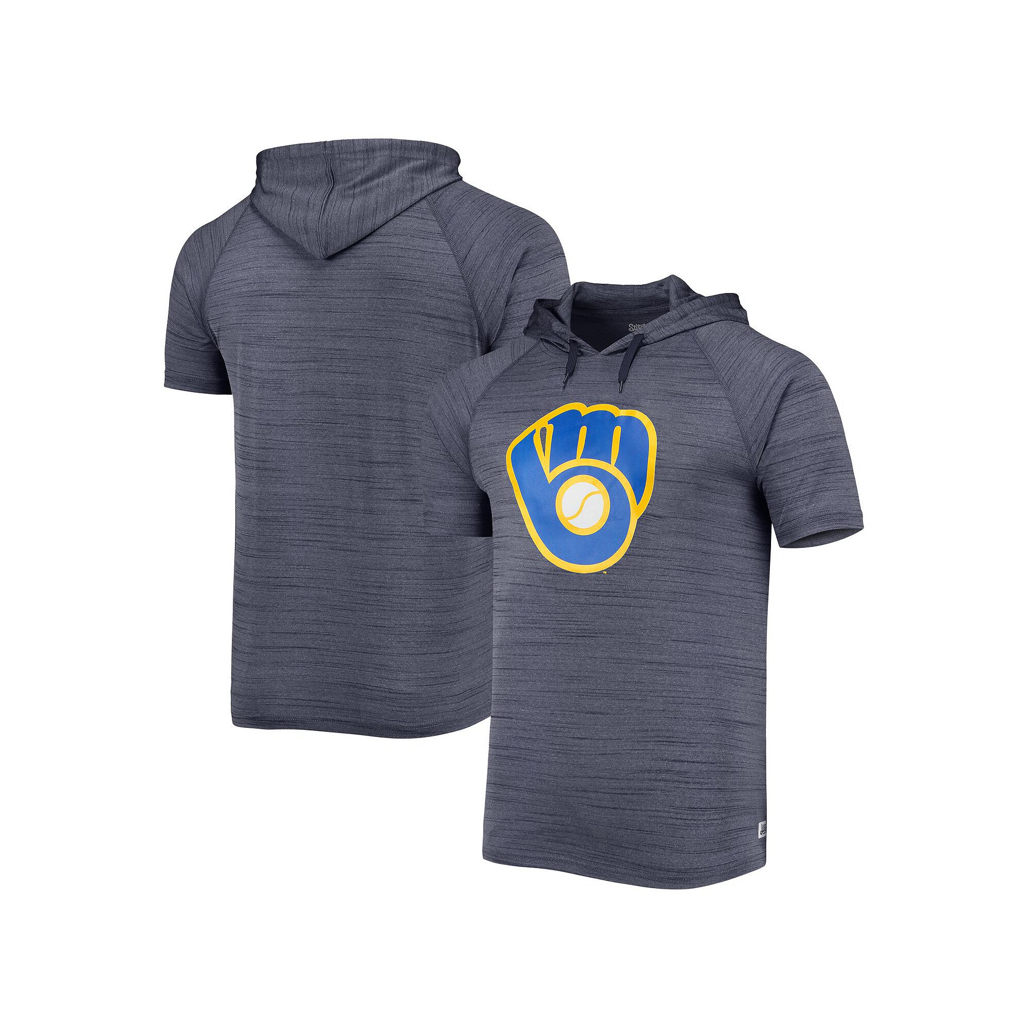 Mens Stitches Navy Milwaukee Brewers Space-Dye Raglan Hoodie T-Shirt, Size