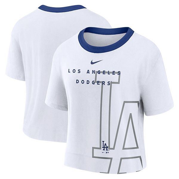 Women's Nike White/Royal Los Angeles Dodgers Team First High Hip Boxy T- Shirt