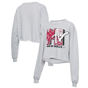 Women's Junk Food Heathered Gray Chicago Bulls NBA x MTV I Want My Cropped Fleece Pullover Sweatshirt