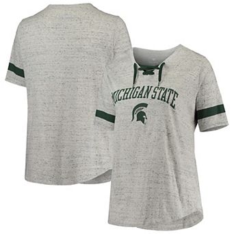 Women's Heathered Gray/Green Michigan State Spartans Plus Size Lace-Up V-Neck T-Shirt
