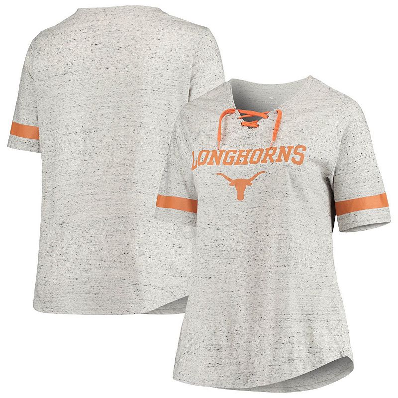 Womens Heathered Gray Texas Longhorns Plus Size Lace-Up V-Neck T-Shirt, Si