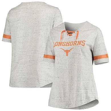 Women's Heathered Gray Texas Longhorns Plus Size Lace-Up V-Neck T-Shirt