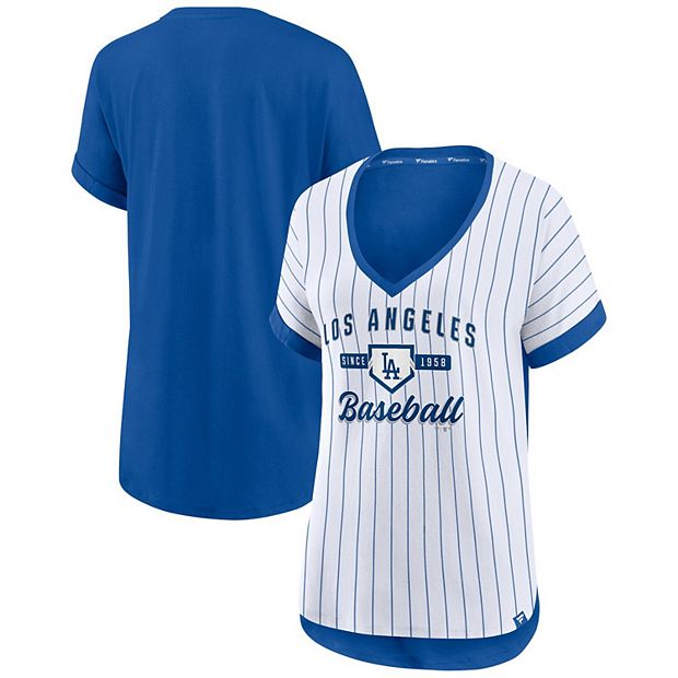 Women's Fanatics Branded White/Royal Los Angeles Dodgers Iconic Noise  Factor Pinstripe V-Neck T-Shirt