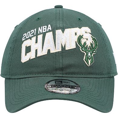 Men's New Era Hunter Green Milwaukee Bucks 2021 NBA Finals Champions Block On The Court 9TWENTY Adjustable Hat