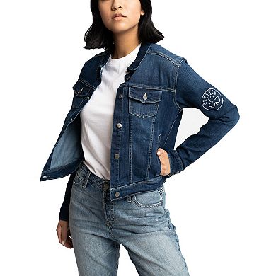 Women's Lusso Blue Boston Celtics Georgie Crystals Button-Up Denim Jacket