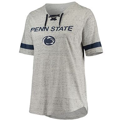 Women's Heathered Gray/Navy Penn State Nittany Lions Plus Size Lace-Up V-Neck T-Shirt