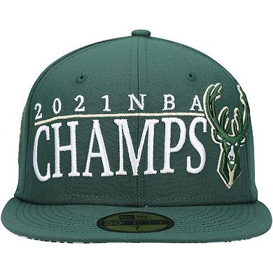 Men's New Era Hunter Green Milwaukee Bucks 2021 NBA Champs Retro Pop Undervisor 59FIFTY Fitted Hat