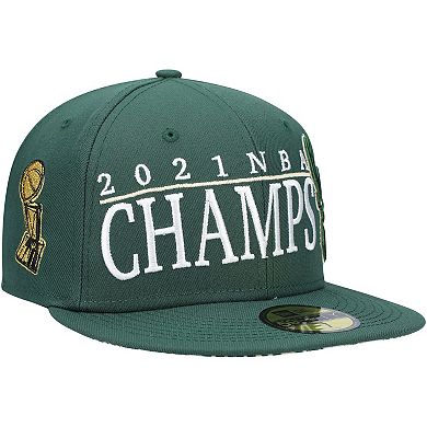 Men's New Era Hunter Green Milwaukee Bucks 2021 NBA Champs Retro Pop Undervisor 59FIFTY Fitted Hat