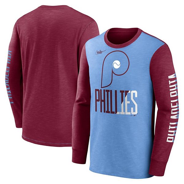 Men's Nike Burgundy/Light Blue Philadelphia Phillies Cooperstown Collection  Rewind Splitter Slub Long Sleeve T-Shirt