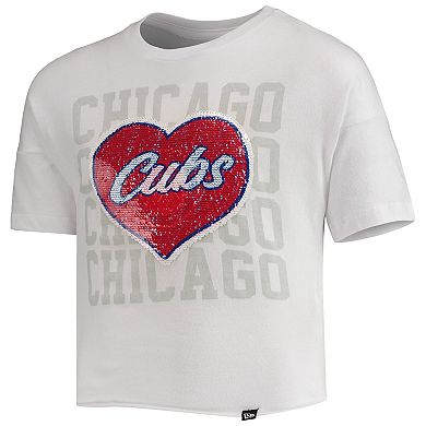 Girls Youth New Era White Chicago Cubs Flip Sequin Heart Crop Top