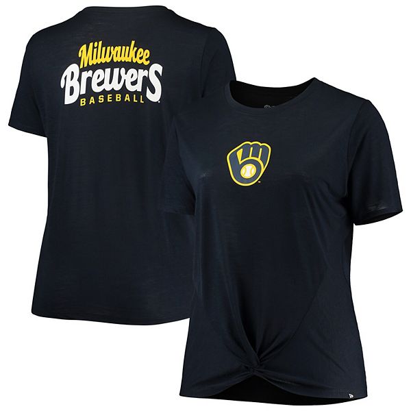Women's New Era Navy Milwaukee Brewers Plus Size 2-Hit Front Knot T-Shirt