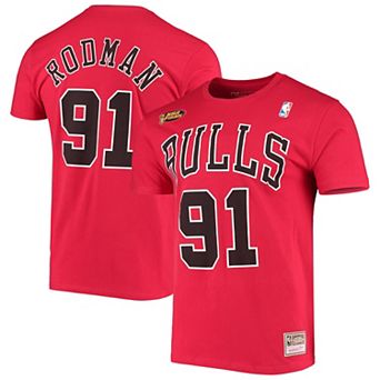 Men's Mitchell & Ness Dennis Rodman Red Chicago Bulls Hardwood Classics Stitch Name & Number T-Shirt