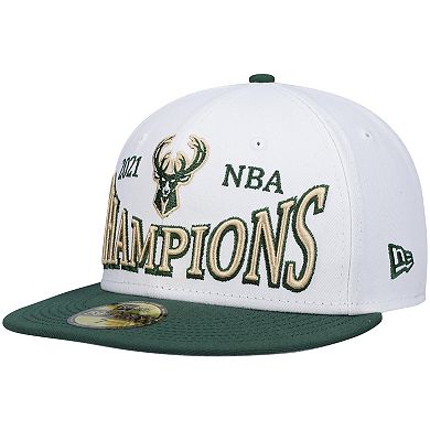 Men's New Era White/Hunter Green Milwaukee Bucks Arch Champs 59FIFTY Fitted Hat