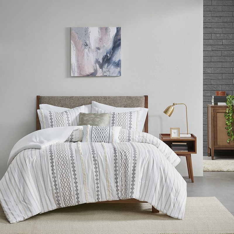 510 Design Alivia Chenille Trim Comforter Set With Throw Pillows, White, Fu