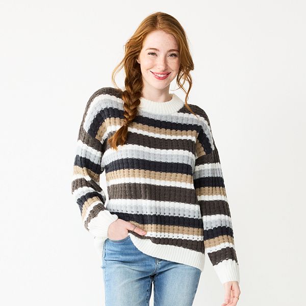 Juniors SO® Slouchy Crewneck Sweater - Beige Khaki Stripe (MEDIUM)