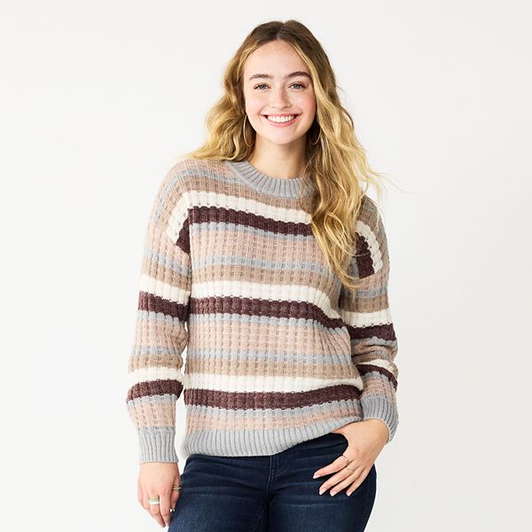 Juniors SO® Slouchy Crewneck Sweater - Brown Grey Stripe (LARGE)
