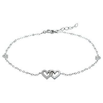 Aleure Precioso Sterling Silver Cubic Zirconia Double Heart Anklet