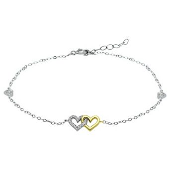 Aleure Precioso Sterling Silver Cubic Zirconia Double Heart Anklet