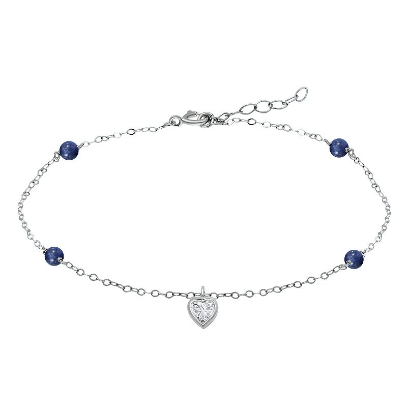 Aleure Precioso Sterling Silver Cubic Zirconia Heart Charm Anklet, Womens