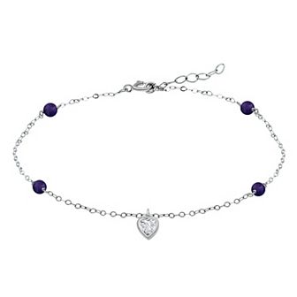 Aleure Precioso Sterling Silver Cubic Zirconia Heart Charm Anklet