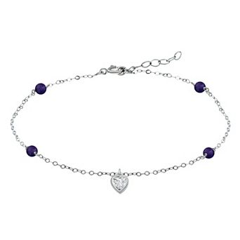 Aleure Precioso Sterling Silver Cubic Zirconia Heart Charm Anklet