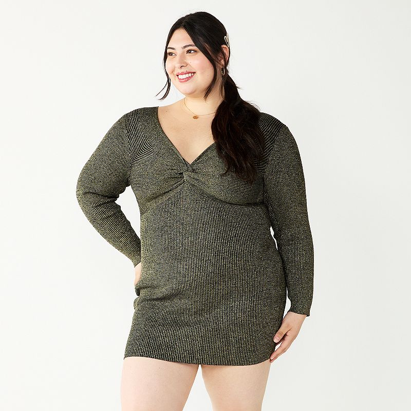 Juniors Plus Size Almost Famous Twisted Front Mini Sweater Dress, Womens,
