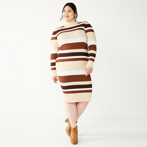 Juniors Plus Size Almost Famous Striped Turtleneck Sweater Dress