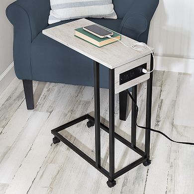 Honey-Can-Do C-Shaped Side Table with Outlets & Wheels