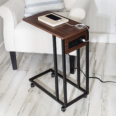 Honey-Can-Do C-Shaped Side Table with Outlets & Wheels