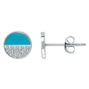 Aleure Precioso Sterling Silver Turquoise Enamel & Cubic Zirconia Round Stud Earrings