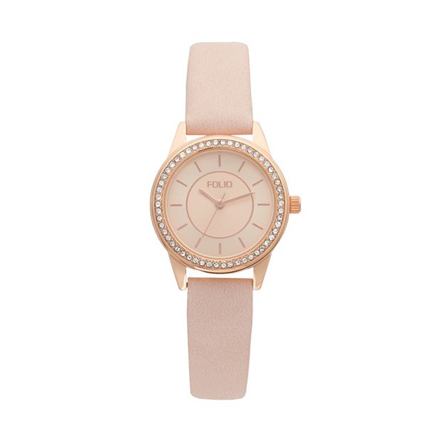 Folio Women s Rose Gold Tone Blush Strap 3 Hand Glitz Watch