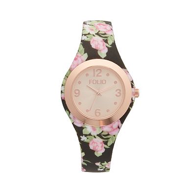 Folio Women s Rose 3 Hand Floral Silicone Watch