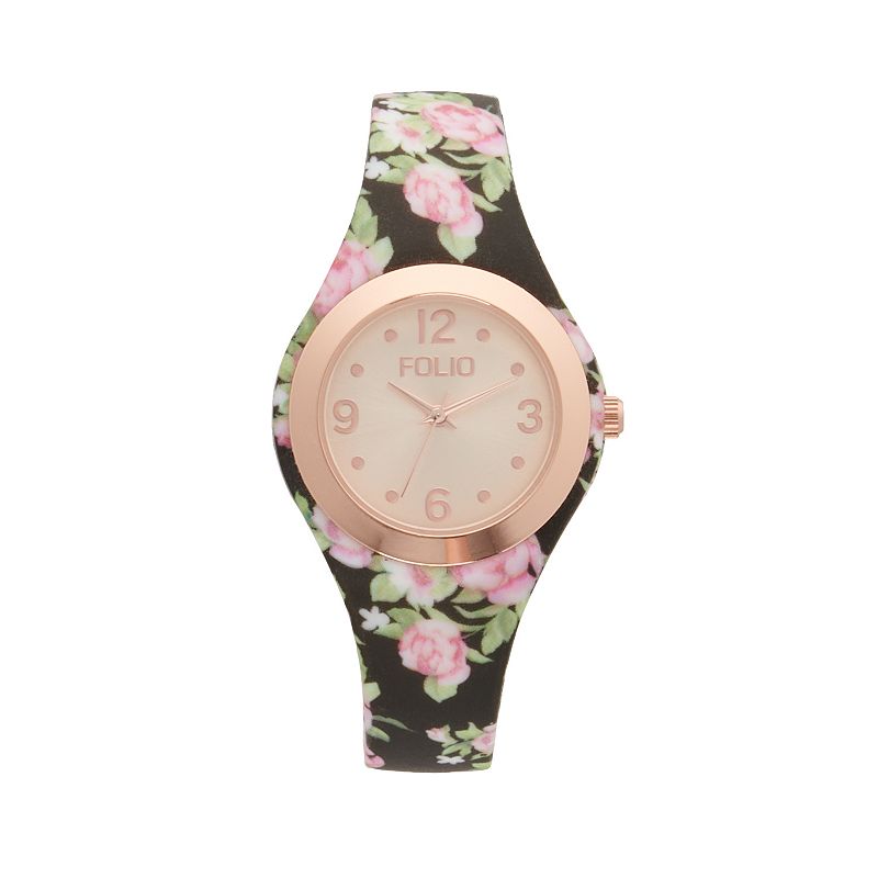 Folio Womens Rose 3 Hand Floral Silicone Watch, Size: Small, Multicolor