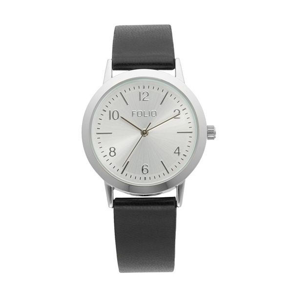 Folio Women's Silver Tone & Black Strap 3 Hand Watch