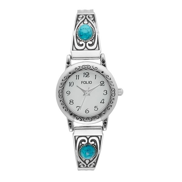 Folio Women's Simulated Turquoise, Filigree & Expansion Band Easy Read