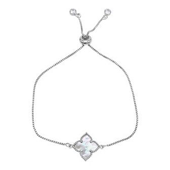 Adornia Silver Tone Cubic Zirconia & White Mother-of-Pearl Flower Adjustable Bracelet