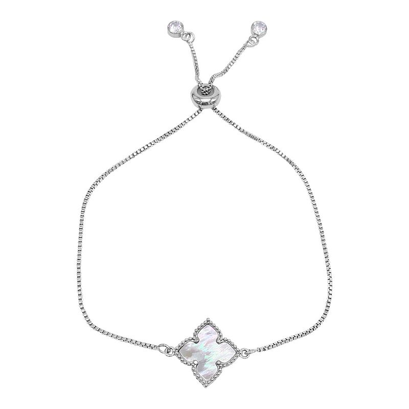 Adornia Silver Tone Cubic Zirconia & White Mother-of-Pearl Flower Adjustab