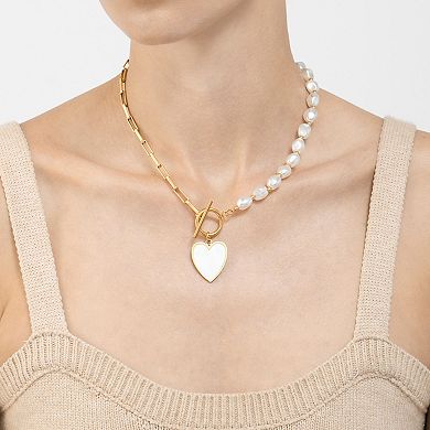 Adornia Simulated Pearl & Chain Mother Of Pearl Heart Toggle Necklace
