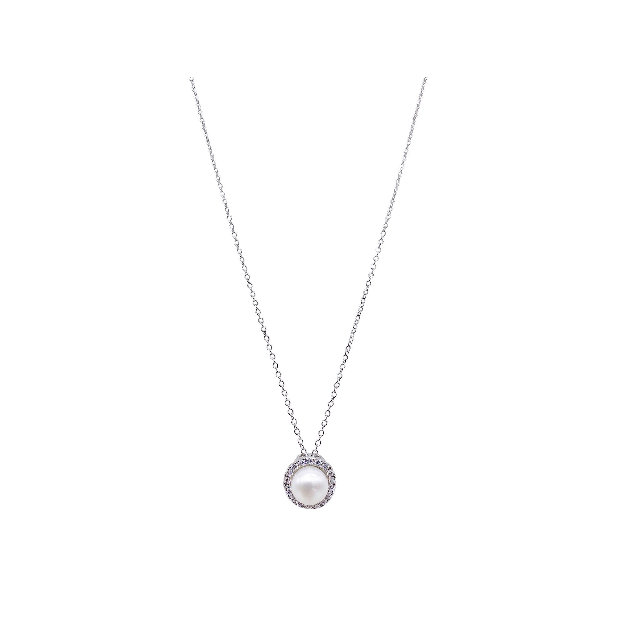 Adornia Silver Tone Freshwater Cultured Pearl & Cubic Zirconia Halo Neckla