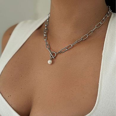 Adornia 14k Gold Plated Simulated Pearl Paper Clip Toggle Necklace