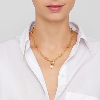 Adornia 14k Gold Plated Simulated Pearl Paper Clip Toggle Necklace