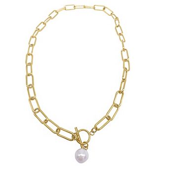 Adornia 14k Gold Plated Simulated Pearl Paper Clip Toggle Necklace