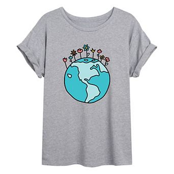 Juniors' Earth Day Flowers Oversized Graphic Tee