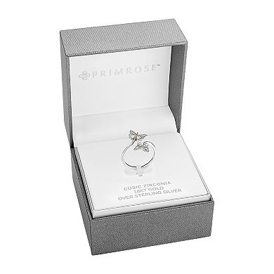 PRIMROSE Two Tone Sterling Silver Cubic Zirconia Double Butterfly Bypass Ring