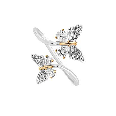 PRIMROSE Two Tone Sterling Silver Cubic Zirconia Double Butterfly Bypass Ring