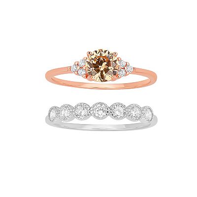 PRIMROSE Sterling Silver Champagne White Cubic Zirconia Ring Duo Set