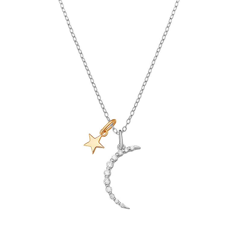PRIMROSE Two Tone Sterling Silver Cubic Zirconia Crescent Moon & Star Pend