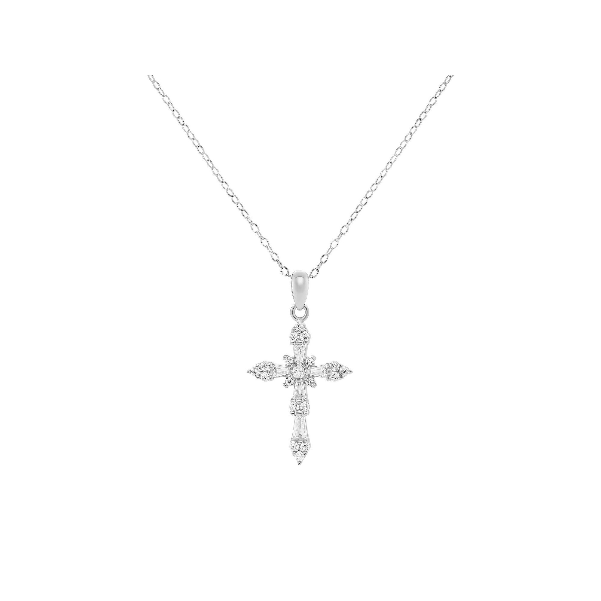 PRIMROSE Sterling Silver Cubic Zirconia Baguette Cross Pendant Necklace, W